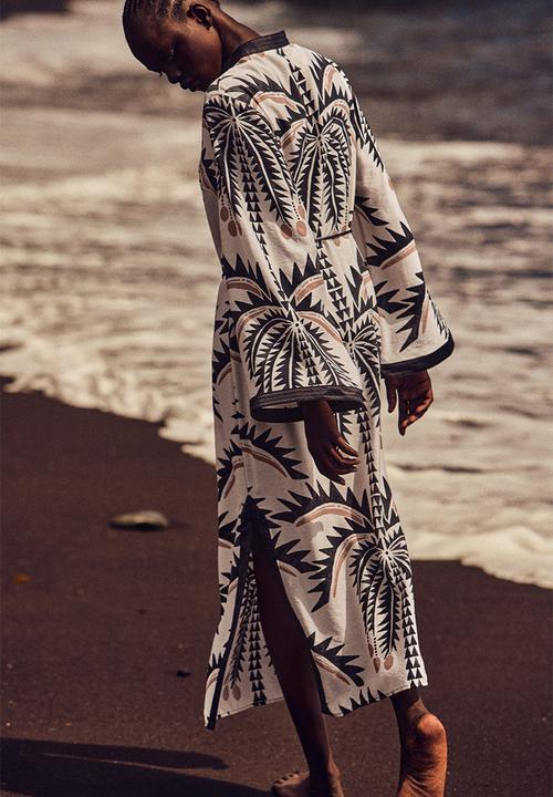 H&M - Tie-belt tunic dress - white/palm trees 