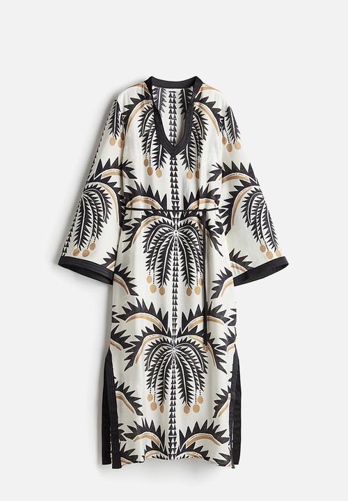 H&M - Tie-belt tunic dress - white/palm trees 