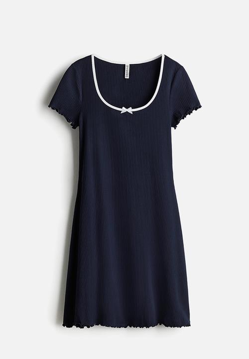 H&M - Overlock-detail flared-skirt dress - dark blue