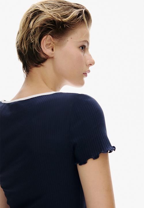 H&M - Overlock-detail flared-skirt dress - dark blue