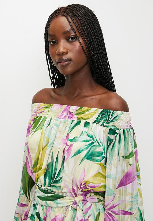 GUESS - Josee Off Shoulder Long Dress - Tropical Escape Print