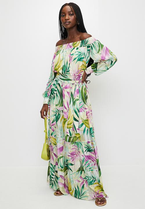 GUESS - Josee Off Shoulder Long Dress - Tropical Escape Print