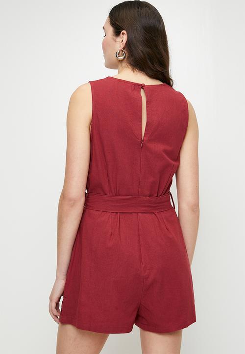 Brave Soul - Ladies Linen Look Playsuit With Tie Waist Detail - Red