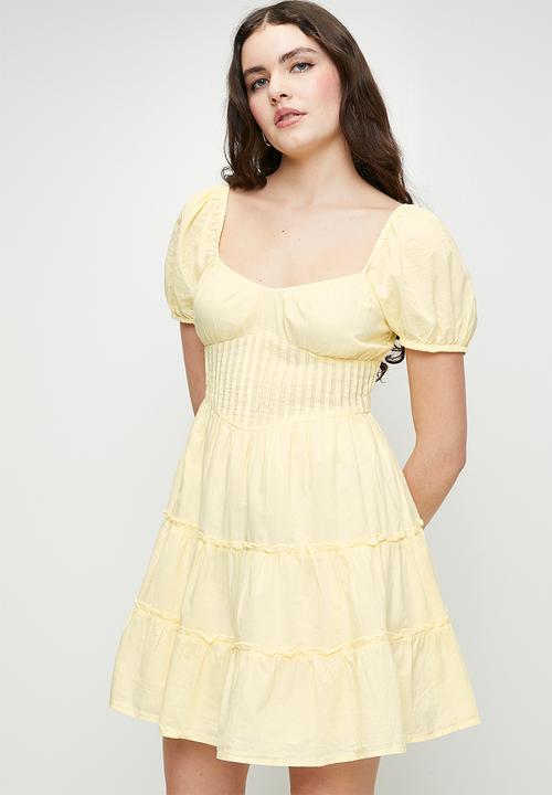 Brave Soul - Ladies Short Sleeve Pleated Dress - Lemon Cream