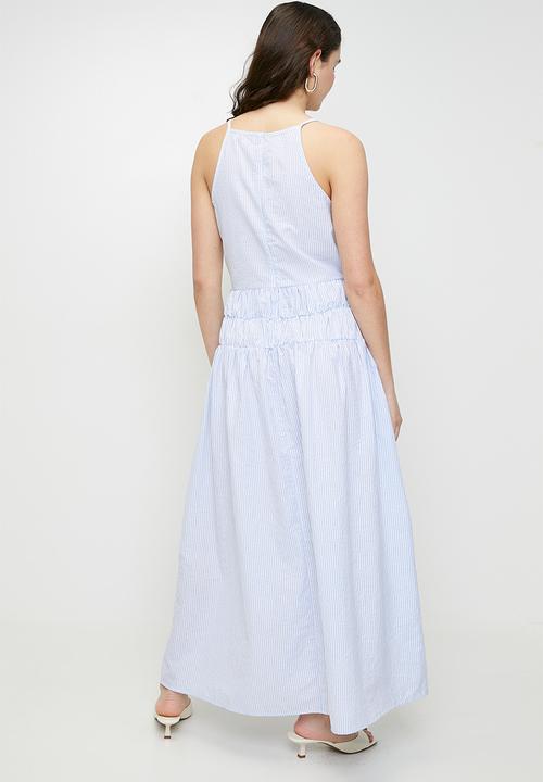 Brave Soul - Ladies Stripe Maxi DressWith Sheered Waist - White/Blue