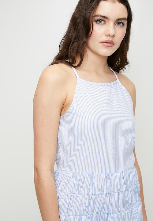 Brave Soul - Ladies Stripe Maxi DressWith Sheered Waist - White/Blue