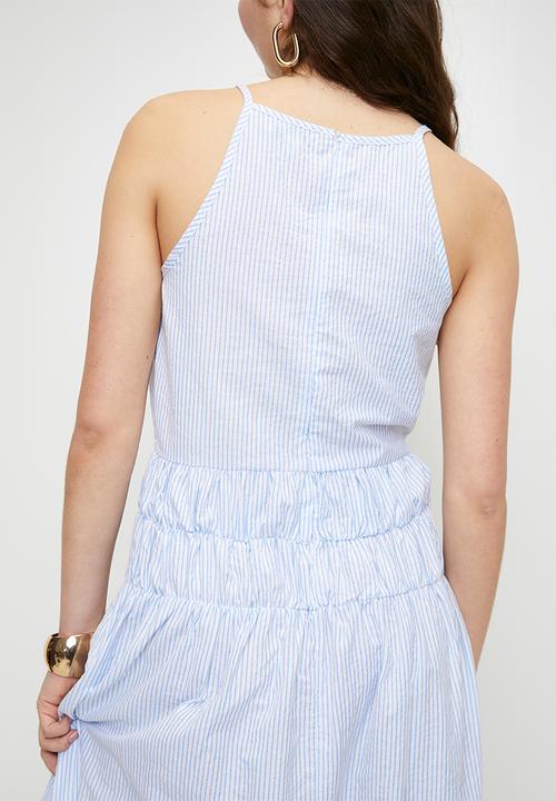 Brave Soul - Ladies Stripe Maxi DressWith Sheered Waist - White/Blue