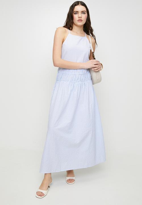 Brave Soul - Ladies Stripe Maxi DressWith Sheered Waist - White/Blue
