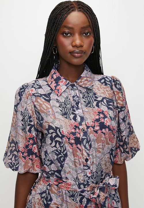 Stella Morgan - Button Through One Tier Midi Dress With Tie Belt - Multi 