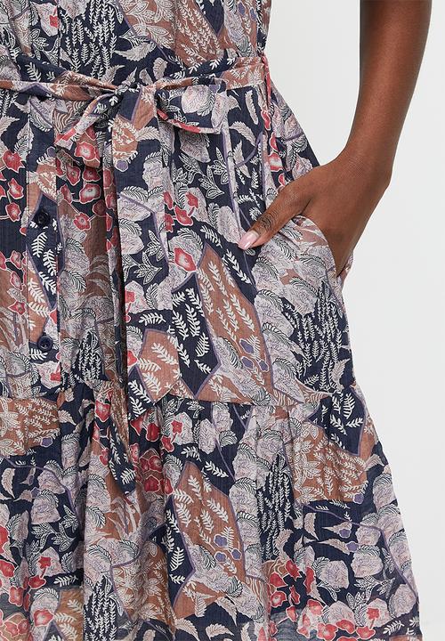 Stella Morgan - Button Through One Tier Midi Dress With Tie Belt - Multi 