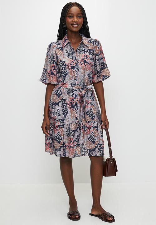Stella Morgan - Button Through One Tier Midi Dress With Tie Belt - Multi 