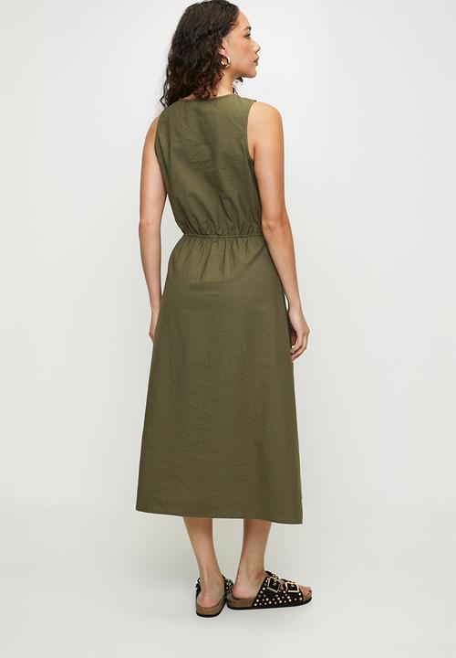 Brave Soul - Ladies Sleeveless Button Down Midi Dress - Khaki