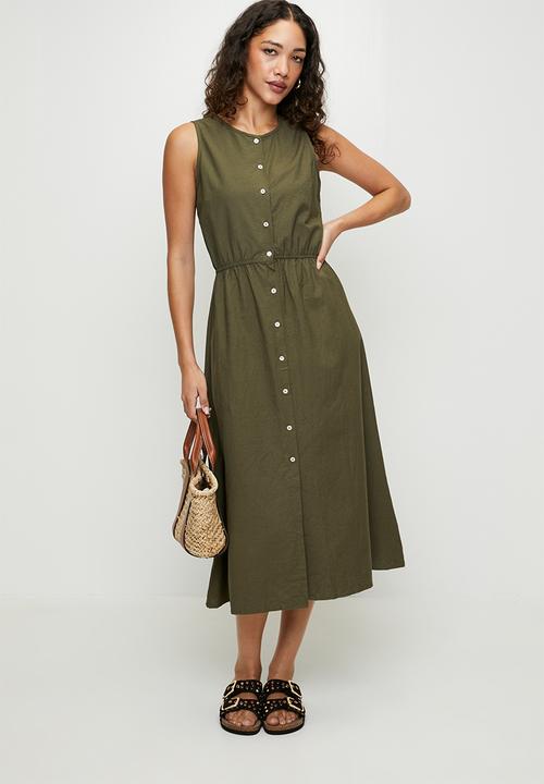 Brave Soul - Ladies Sleeveless Button Down Midi Dress - Khaki