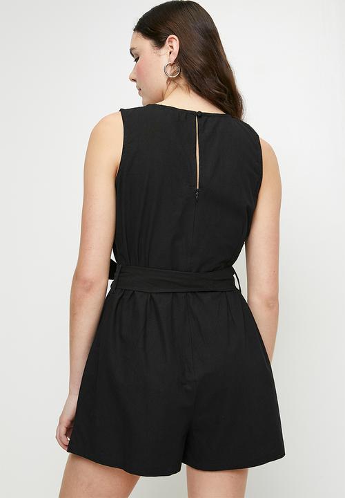 Brave Soul - Ladies Linen Look Playsuit With Tie Waist Detail - Black