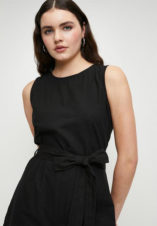 Brave Soul - Ladies Linen Look Playsuit With Tie Waist Detail - Black