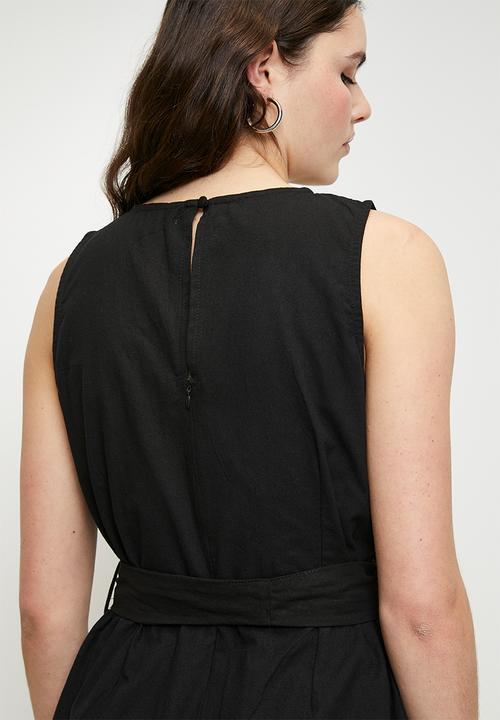 Brave Soul - Ladies Linen Look Playsuit With Tie Waist Detail - Black