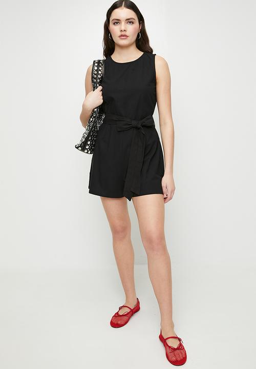 Brave Soul - Ladies Linen Look Playsuit With Tie Waist Detail - Black