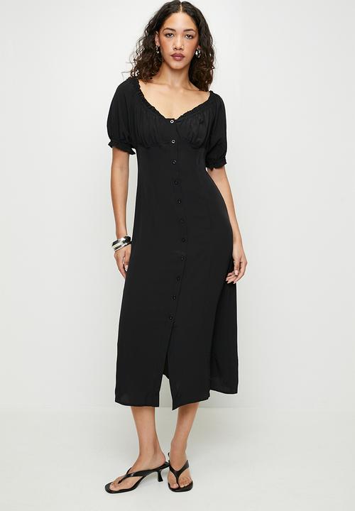 Ladies Short Puff SleevesFront Button Through Midi Dress - Black9