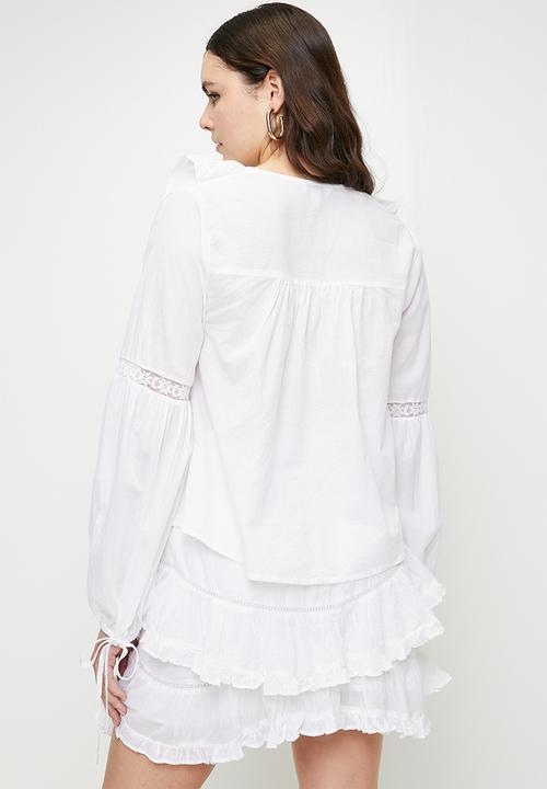 Brave Soul - Ladies Long Sleeve Top With Tie Front And Frill Detail - White