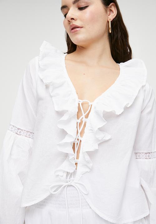 Brave Soul - Ladies Long Sleeve Top With Tie Front And Frill Detail - White