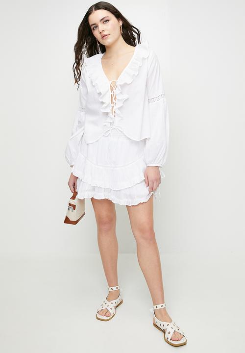 Brave Soul - Ladies Long Sleeve Top With Tie Front And Frill Detail - White