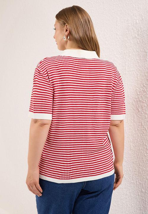 Trendyol - Plus Polo Collar Striped Top - Red