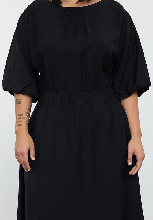 Trendyol - Plus Textured Balloon Sleeve Dress - Black