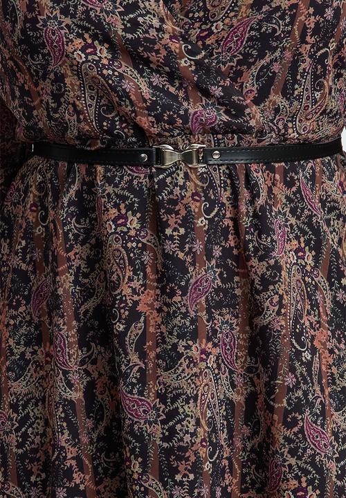 Trendyol - Floral Belted Chiffon Dress - Brown