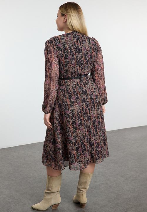 Trendyol - Floral Belted Chiffon Dress - Brown