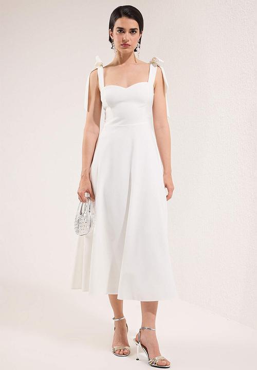 A-Line Strap Binding Detail Woven Midi Stylish Evening Dress Night Graduation  Dress - White