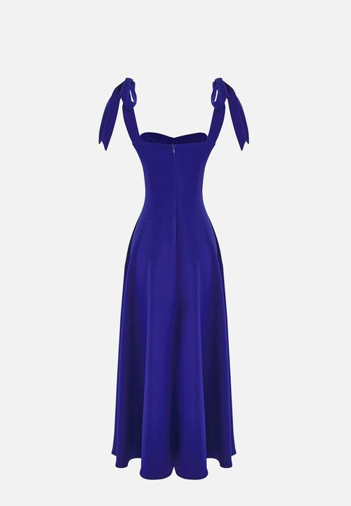 Trendyol - A-Line Strap Binding Detailed Woven Midi Stylish Evening Dress - blue