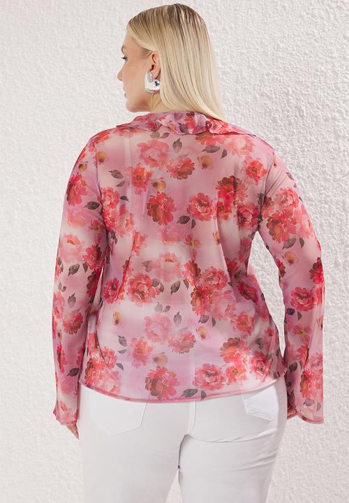 Trendyol - Floral patterned tied tulle knit plus size blouse - pink