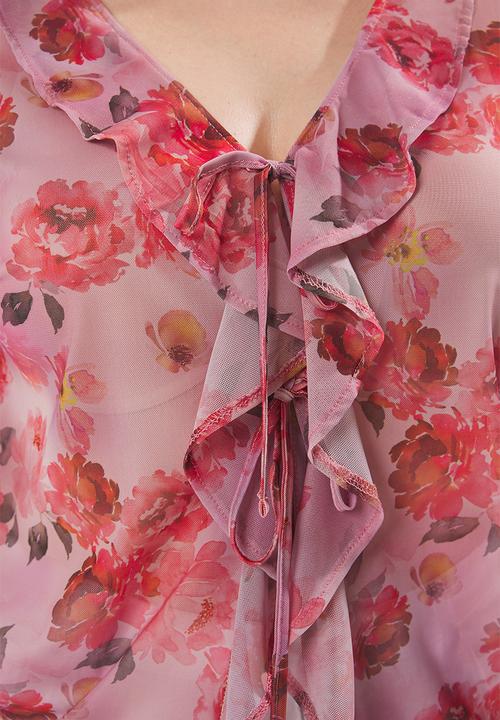 Trendyol - Floral patterned tied tulle knit plus size blouse - pink