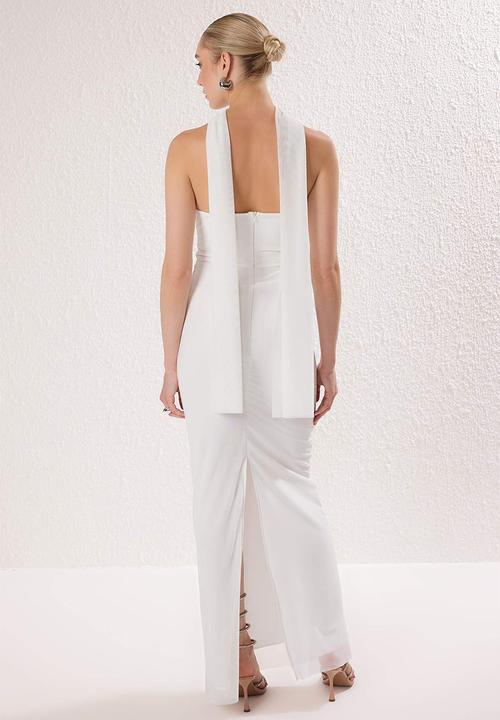 Trendyol - Foulard Tulle Knitted Maxi Evening Dress  - White