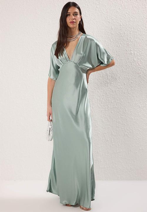 V neck woven satin maxi evening & graduation dress - mint
