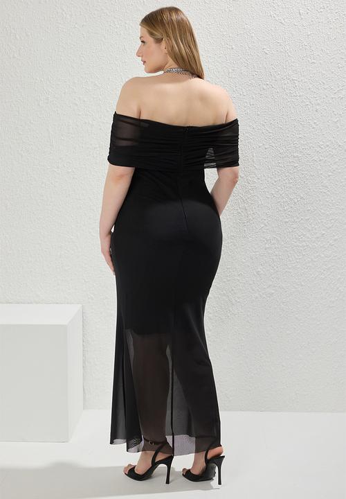 Trendyol - Plus carmen collar tulle knit plus size dress - black