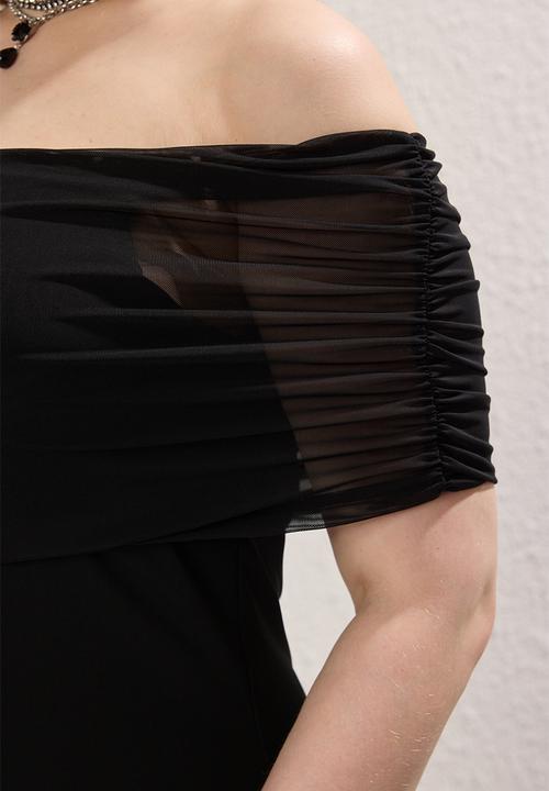 Trendyol - Plus carmen collar tulle knit plus size dress - black