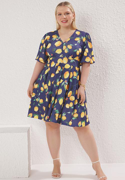 navy blue and yellow plus size dress Plus Size Sapphire Garden Satin Dress