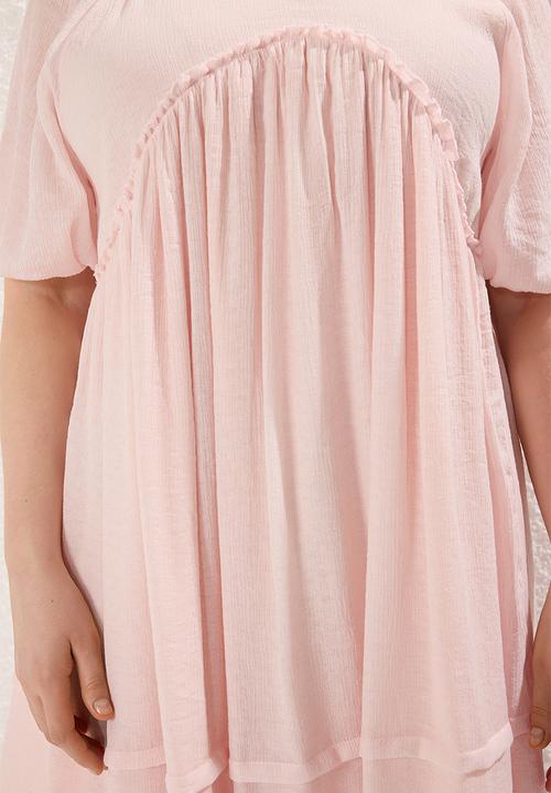 Trendyol - Balloon sleeve crinkle mini woven plus size dress - pink