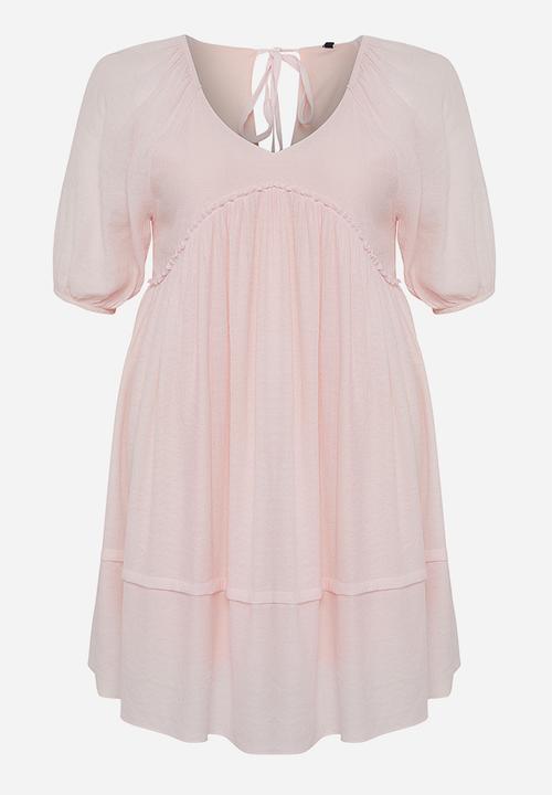 Trendyol - Balloon sleeve crinkle mini woven plus size dress - pink