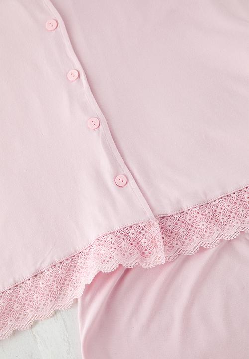 Trendyol - Dusty Rose V Neck Lace Viscose Shorts Knitted Pajama Set - pink