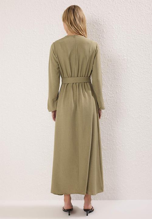 Trendyol - Belted Woven Dress - Khaki