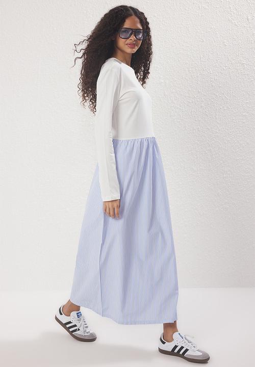 Trendyol - Striped Woven Fabric Skirted Jersey Knit Dress - Blue