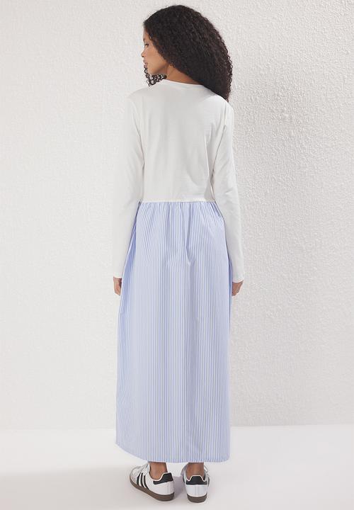 Trendyol - Striped Woven Fabric Skirted Jersey Knit Dress - Blue