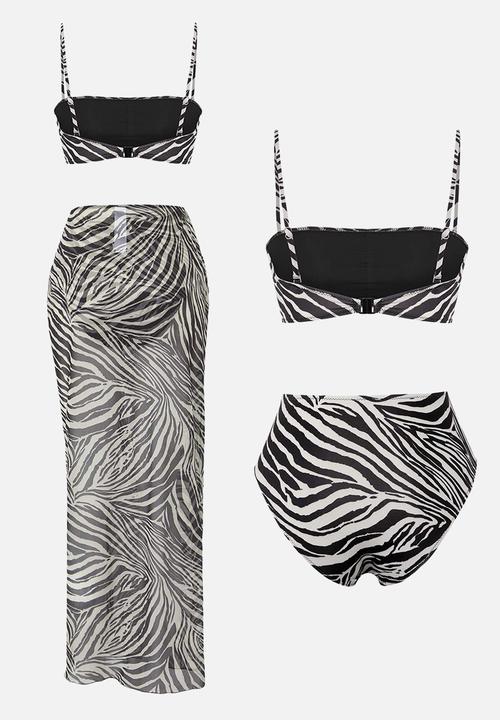 Trendyol - Patterned Bikini Pareo 3-Piece Beachwear Set - Zebra 