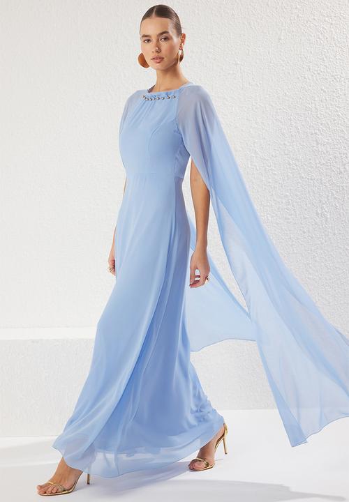 Trendyol - Blue accessory detailed lined flighty chiffon long elegant evening graduation dress - light blue