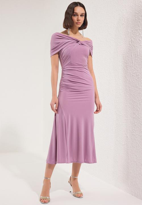 Trendyol - Asymmetrical Collar Knitted Elegant Evening Night Graduation Dress - Pink