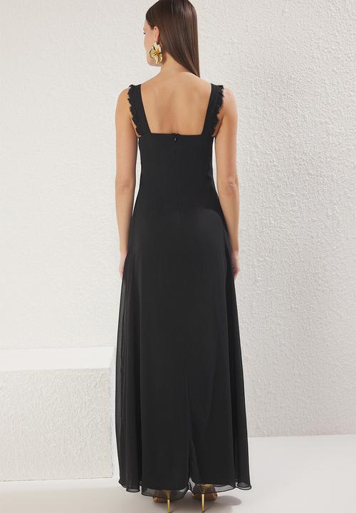 Trendyol - A-line lace detailed chiffon woven flowing long elegant evening graduation dress - black