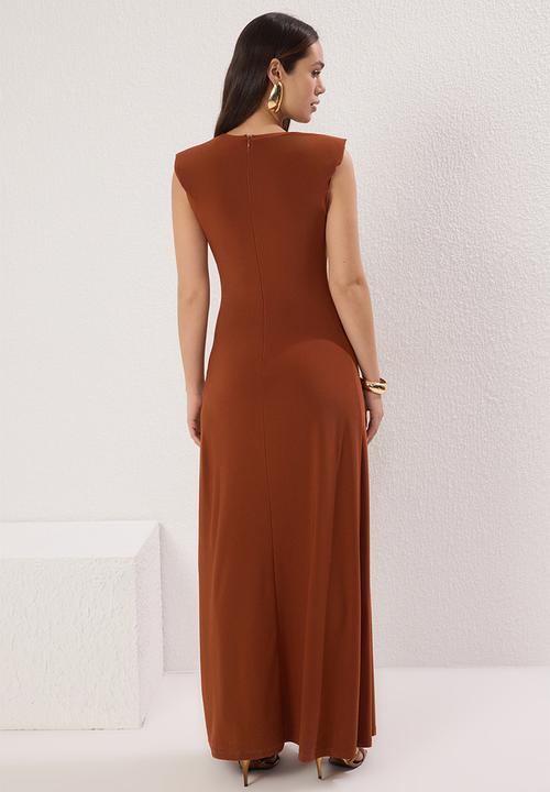 Trendyol - V neck knitted long elegant evening night graduation dress - cinnamon