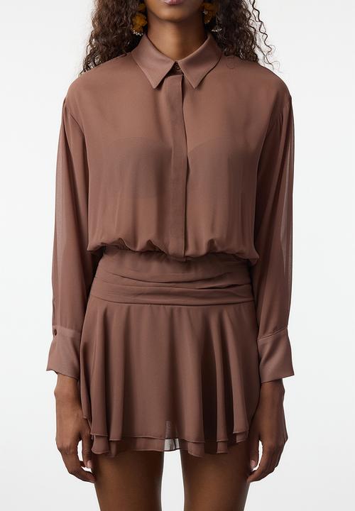 Trendyol - Shirt Collar Detailed Chiffon Evening Prom Dress - Brown
